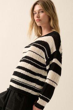 Striped crochet-knit sweater. Boat neckline. Long sleeves. Drop shoulder. Unlined. Rolled collar, cuffs, and hem. Oversized fit. 60% Cotton, 40% Acrylic. Imported. Designed in LA. Model wears size S. Oversized Pointelle Knit Chic Top, Oversized Open Knit Crochet Top For Fall, Chic Oversized Pointelle Knit Sweater, Chic Oversized Pointelle Knit Top, Chic Relaxed Fit Chunky Knit Top, Fall Layering Crochet Top With Crew Neck, Chic Textured Crochet Top For Fall, Chic Open Knit Sweater With Relaxed Fit, Chic Open Knit Relaxed Fit Sweater