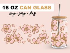 a glass jar with pink flowers on it and the words 16oz can glass $ 9 99