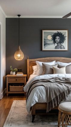 a bedroom with gray walls and wooden furniture