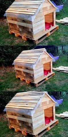 three wooden houses made out of pallets in the grass