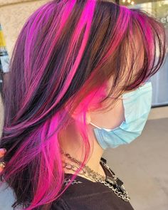 Dipped Pink Hair, Draculaura Highlights, Black With Pink Highlights, Purple Hair With Pink Highlights, Bright Pink Highlights In Brown Hair, Dark Pink Streaks In Black Hair, Hot Pink Highlights, Chunky Highlights Pink And Black, Draculaura Inspired Hair