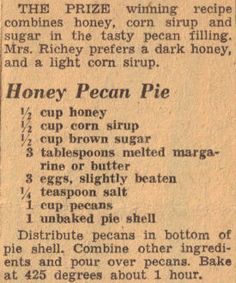 an old recipe for honey pecan pie