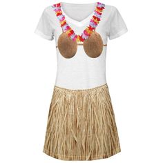 Turn any party into a Hawaiian luau with this awesome juniors v-neck dress featuring a coconut bra and grass skirt costume print complete with a colorful magenta and orange lei. Thin and airy, this is perfect in the summertime as a dress or beach coverup! The dye sublimation printing process creates slight imperfections that are unique to each garment. Coconut Bra, Luau Outfits, Bra Outfit, Grass Skirt, Coverup Beach, Hula Girl, Spirit Wear, Dress Gift, Off White Color