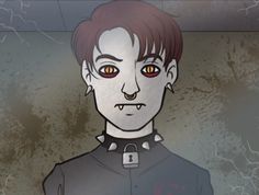 an animated image of a man with red hair and brown eyes wearing a black shirt