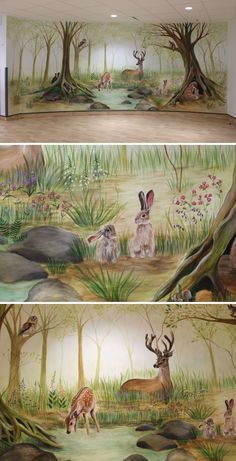 two pictures of the same mural in different rooms, one with deer and other animals