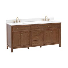 a double sink vanity with two gold faucets on the top and white countertop