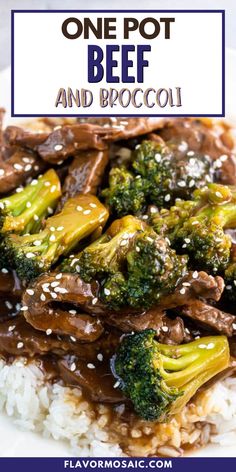 beef and broccoli served over rice on a white plate with the title above it