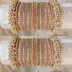 two rows of bracelets with pearls on them