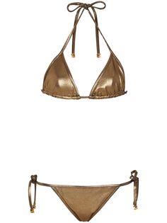 gold-tone metallic finish triangle cup halterneck tie fastening rear tie fastening low-rise side-tie bottoms Be mindful to try on swimwear over your own garments. Be Mindful, Iconic Bags, Demi Fine Jewelry, Dolce E Gabbana, Summer Beach Wear, Fine Earrings, Ballet Flat Shoes, Pump Sandals, Lady Dior