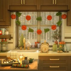 a kitchen decorated for christmas with paper lanterns and decorations on the window sill over the sink