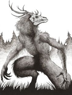 a black and white drawing of a creature with horns on it's back legs