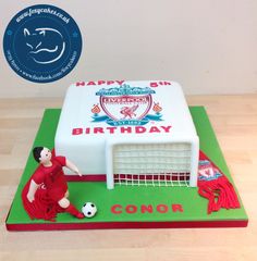 a birthday cake with a soccer goal on it