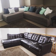 two different pictures of a couch with pillows on the top and bottom one is empty