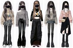 four different types of clothes with long hair and black pants, all wearing face masks