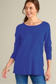 This lightweight, fine gauge knit’s as soft as it gets. Endlessly flattering with an elongating center seam at the front and back, it's long enough to wear with leggings and still feel polished. Wear With Leggings, Sweater Tunic, Soft Surroundings, Tunic Sweater, Leggings, Knitting, How To Wear