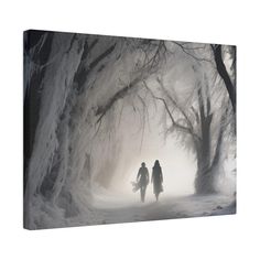 two people walking down a path in the woods covered in ice and snow with trees on either side