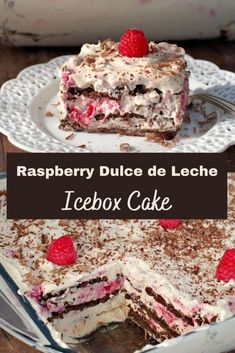 raspberry dulce de leche icebox cake on a white plate with a piece cut out