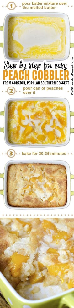 the instructions for how to make peach cobbler casserole on a white plate