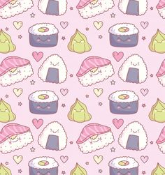 a pink background with sushi and hearts