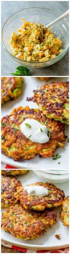 three different pictures of food on plates with sauce in the middle and one is fried