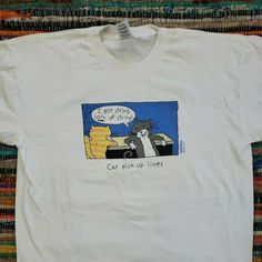 "Description: -Fun Vintage 90s Tee -For Cat Lovers Defects: Good Shape. - Small mark above graphic. ID: 3g78 Measurements: XL Chest (Armpit to Armpit): 23.5\" Shoulders (Across Back): 22\" Back Length (Collar to Hem): 31\" Arm (Shoulder to Cuff): 9\" Overall (Front) Length: 28\"" Cat Pick Up Lines, Tootsie Pop, Funny Comic, 90s Tees, Plaid Sweater, Pick Up Lines, Wool Plaid, Mens Graphic Tee, Vintage Levis