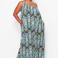 Beautiful Aztec Multi Print Sleeveless Jumpsuit With Wide Legs, Pocket. 29 1/2 Inch Inseam Model Wears 1x Casual One-shoulder Jumpsuits And Rompers For Beach, Casual One-shoulder Jumpsuit For Beach, Sleeveless Printed Blue Jumpsuits And Rompers, Blue One-shoulder Jumpsuits For Summer, Blue Sleeveless Beachwear Jumpsuits And Rompers, Sleeveless Blue Jumpsuits And Rompers For Beachwear, Sleeveless Blue Jumpsuits For Beachwear, Sleeveless Jumpsuits, Wide Legs