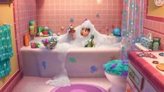 the bathroom is decorated in pastel colors and features an animal themed bathtub, rugs, and toys