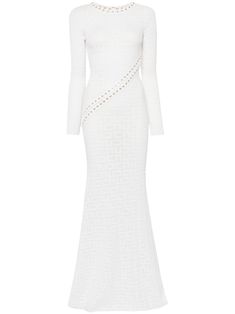 optical white semi-sheer construction embroidered logo round neck open back long sleeves straight hem floor-length Luxury White Maxi Dress For Evening, Luxury White Evening Maxi Dress, Luxury White Long Sleeve Dress, Luxury Long Sleeve White Dress, White Maxi Dress With Geometric Embroidery, Luxury White Embroidered Long Sleeve Dress, Designer White Hand-embellished Gown, Luxury White Viscose Maxi Dress, Chic White Crochet Dress With Hollow-out Details