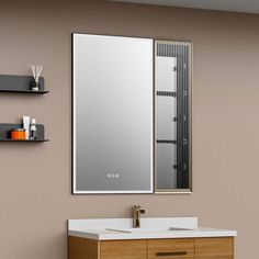 a bathroom vanity with a mirror above it and shelves on the wall next to it