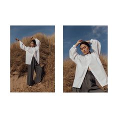 two photos of a woman in white shirt and black pants standing on the sand dunes