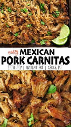 mexican pork carnitas with limes and cilantro on the side