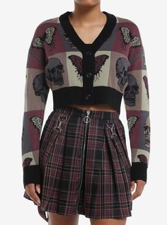 Layer up in this edgy cropped sweater! Featuring grunge color-blocking and skull and butterfly designs. Comes with buttons on the front and ribbed cuffs and hem. All Dolled Up, Corvidcore Fashion, Au Inspiration, Social Collision, Goth Sweater, Butterfly Outfit, Butterfly Clothes, Colorful Cardigan, Posh Fashion