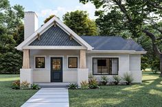 a small white house with a black front door and two windows on the side of it