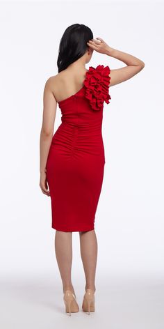 Spin the night away in a dress that highlights every curve on the dance floor! This Ruffle One Shoulder Scuba Dress with Ruching features a one shoulder look with 3 D ruffles, a fitted bodice, and a hem line right below the knees. Perfect for an evening event that will set your heart on fire! Fitted One Shoulder Dress With Ruched Bodice For Prom, Fitted Ruched One Shoulder Prom Dress, Fitted Ruched One-shoulder Prom Dress, Fitted One Shoulder Dress With Ruffles For Evening, One Shoulder Ruffled Dress For Prom, Fitted Flirty One Shoulder Dress For Evening, Fitted One Shoulder Dress With Ruffles For Formal Occasions, Flirty Fitted One Shoulder Dress For Evening, Flirty Fitted One-shoulder Evening Dress