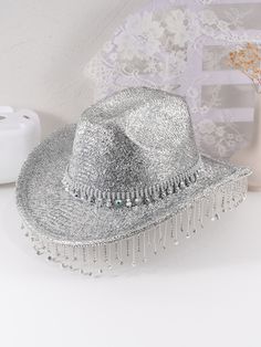 Plateado  Collar  Poliéster   Embellished Silver Cowgirl Hat, Rhinestone Cowgirl Hat, Denim Party Outfit, Surprise Dance Outfits, Silver Cowboy Hat, Rhinestone Cowboy Hat, Beyonce Costume, Midnight Rodeo, Beyonce Concert