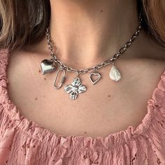 The LOML Charm Necklace ⭐️ Featuring unique & handmade charms composed of stainless steel & freshwater pearls! ✨🤍 15.5" oval link chain~ hypoallergenic stainless steel that won't tarnish or fade! comes with an extender for adjustability  Handmade with love 🫶 Heart Charm Necklace, Heart Flower, Puffed Heart, Necklace Pearl, Handmade Charms, Vintage Heart, Pearl Charms, Unisex Jewelry, Flower Heart