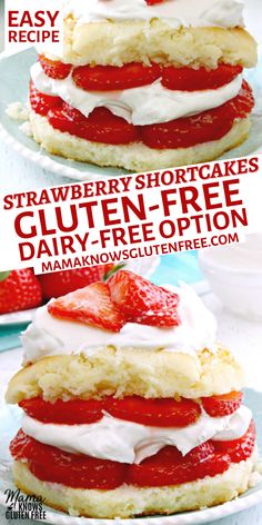 Gluten-free strawberry shortcakes on a light blue plate with strawberries in the background. Gluten Free Strawberry Shortcake, Gf Desserts, Dairy Free Dessert, Gluten Free Eating, Gluten Free Treats