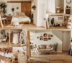 a collage of photos showing the inside of a house with furniture and decor on display