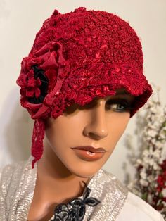 This is Ladies  red flapper hat cloche hat, has my hand made design, is in a version of my collection 20's style hats and accessories. I add a flavor of 20's and Modern, so you will look elegant and feminine, and also you can use it for any occasion. Hat made from red  soft polyester , adorned  floral is in antique hand artwork is in Millinery style. Measurement: Inside: 22 -up to 24- 24.5". Mannequin's head about 22". Check measure around your ears, flapper hat fit over them and low on the brow Winter Flapper Style Cloche Hat, Winter Flapper Style Brimmed Cloche Hat, Handmade Red Party Hat, Adjustable Brimmed Red Crochet Hat, Vintage Red Costume Hat With Short Brim, Red Vintage Costume Hat With Short Brim, Red Brimmed Costume Hat One Size, Adjustable Cloche Hat In Flapper Style, Gatsby Style Brimmed Cloche Hat For Party