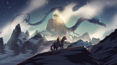 two people riding horses on top of a snow covered mountain under a sky filled with stars