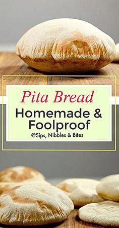 pita bread is sitting on top of a cutting board with the title, homemade & foolproof