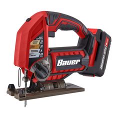 a red and black power tool on a white background