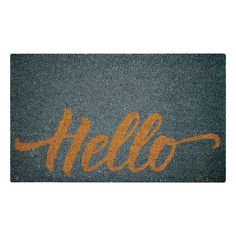 a door mat with the word hello written on it in orange and grey colors,