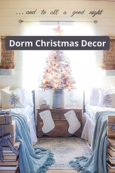 two twin beds with christmas stockings on them in front of a window and the words dorm christmas decor