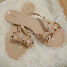 Wild Diva Lounge Beige Studded Bow Thong Jelly Sandals Nwb Brand New In Box Limited Quantity Remaining Beige Jelly Sandals For Summer Beach, Beige Summer Jelly Sandals For Beach, Beige Jelly Sandals For Beach, Elegant Gold Flip Flops For Beach, Elegant Gold Rhinestone Flip Flops, Studded Slip-on Sandals For Vacation, Glamorous Slip-on Synthetic Sandals, Gold Slip-on Flip Flops For Summer, Wild Diva Shoes