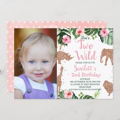 Rose Gold Glitter Safari Photo Two Wild Birthday Invitation Size: 5" x 7". Gender: unisex. Age Group: adult. Material: Semi-Gloss. Two Wild Birthday, Tropical Safari, Young Wild And Three, Rose Gold Invitations, Two Wild, Dinosaur Birthday Invitations, Tropical Birthday, Pink Dinosaur, 2nd Birthday Invitations