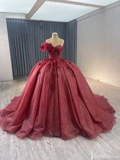 Sparkly Burgundy Red Ball Gown Wedding Dresses One Shoulder Quinceaner – Viniodress Wedding Dresses One Shoulder, Red Ball Gown, Haute Couture Gowns, Red Wedding Dresses, Lace Ball Gowns, Red Ball, Dresses One Shoulder, Long Train