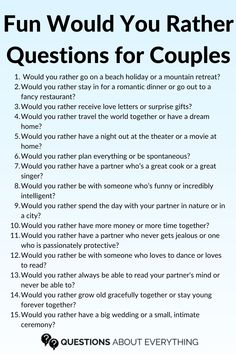 Get ready for an evening of laughter and bonding with our Would You Rather Questions for Couples. These questions are designed to ignite conversation and bring you closer together. Check out the full list in our article, and be sure to share your most amusing answers in the comments. Save this pin for a delightful twist on your next date night Intimate Questions For Couples, Date Night Questions, Rather Questions, Would You Rather Questions