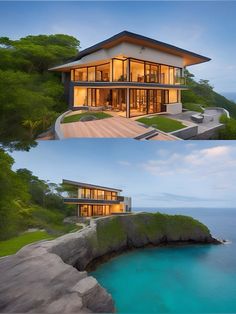 two pictures of a house on the cliff