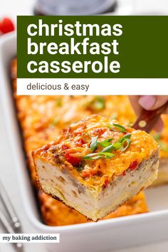 the cover of christmas breakfast casserole is being held up by a person's hand